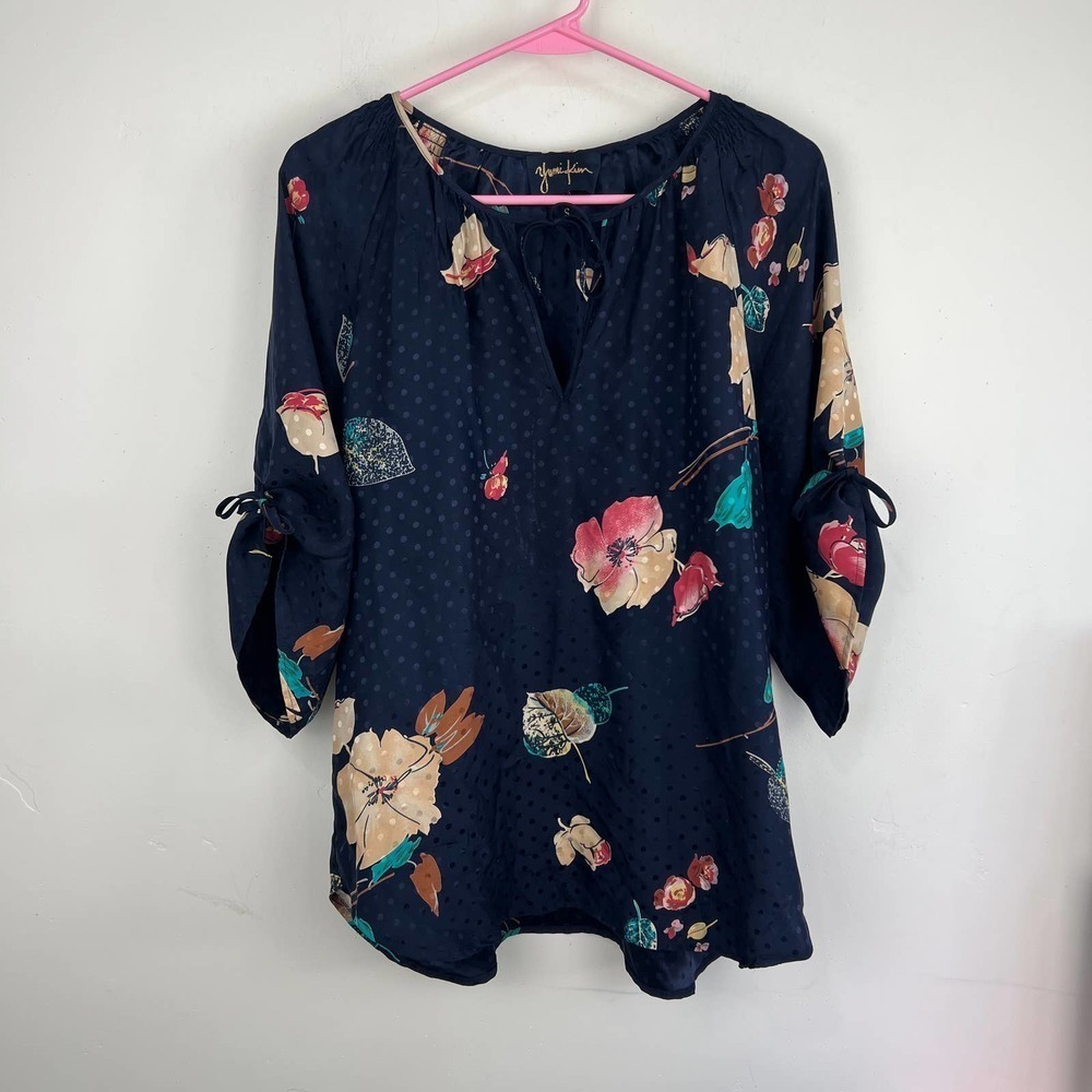 Yumi Kim Blue Floral Silk Floral Tie Front Blouse Womens Size: S